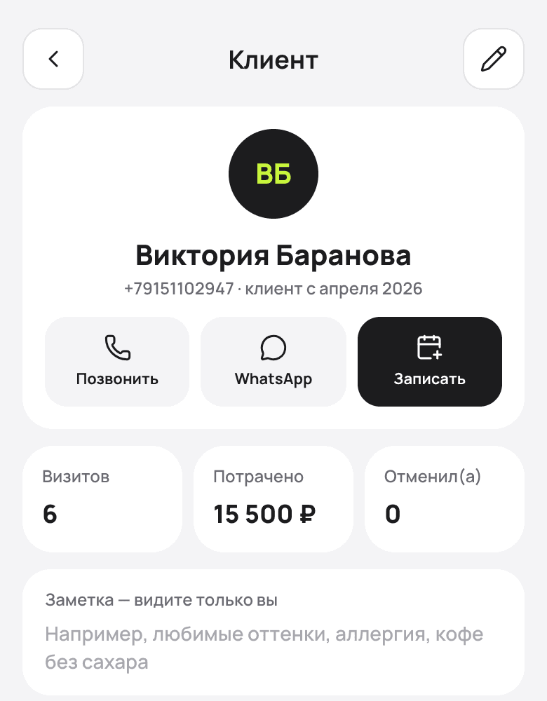 Карточка клиента: визиты, потраченная сумма и заметка